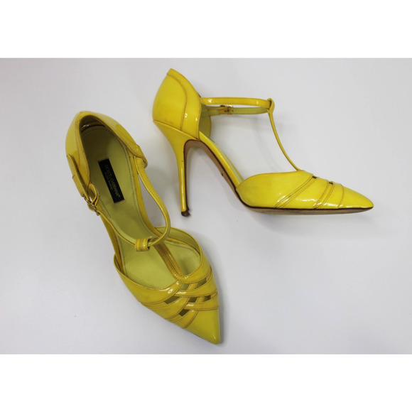 Dolce & Gabbana Heels Pumps Women's Size 40 Yellow T-Strap Patent Leather - Picture 6 of 15